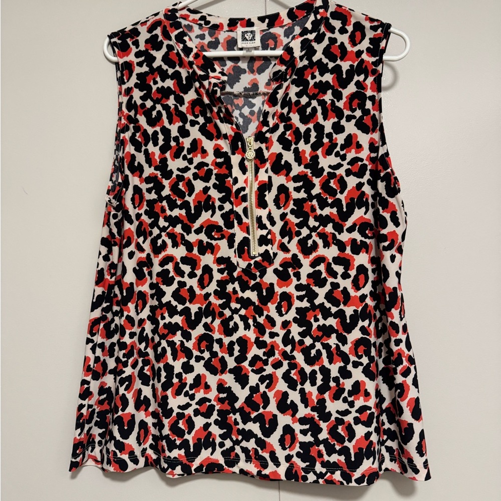 Anne Klein Black and Brown Sleeveless Blouse with Mandarin Collar